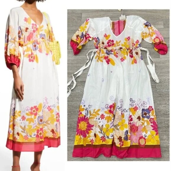 NWT Johnny Was Loreli Floral 100% Silk White Pink Embroidered Midi Dress Small - Picture 7 of 11